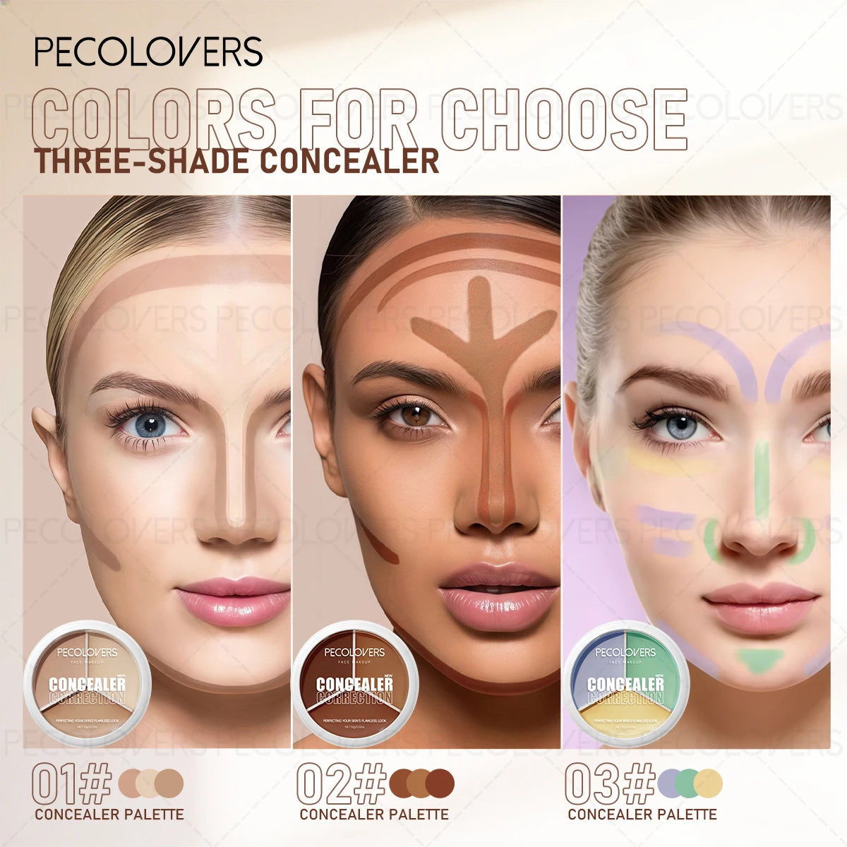 Three-color Facial Concealer, Covering Facial Blemishes and Spots, Waterproof, Long-lasting and Natural, Facial Cosmetics Quake
