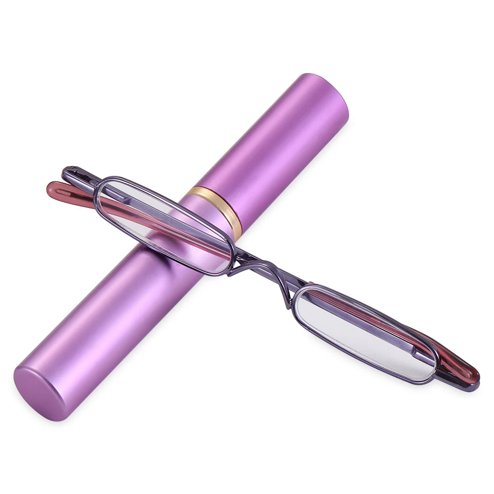 Compact Spring Hinged Men Women Eyeglasses Readers with Pen Clip Tube Case Slim Pen Reading Glasses Slim Reading Glasses Quake purple Strength 2.0x