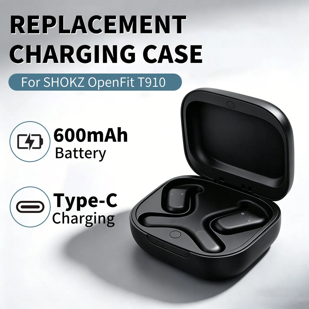 Replacement Charging Case For SHOKZ OpenFit T910 Wireless Bluetooth Earbuds Charger Box 600mAh Built-in Battery Type-C Charging Quake
