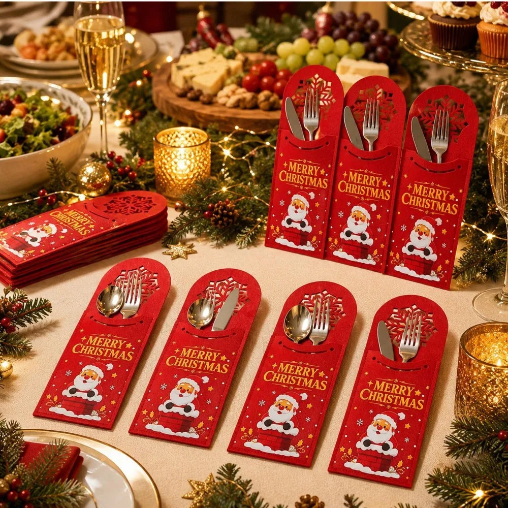 10/1PCS Felt Christmas Cutlery Holder Hollow Santa Claus Snowflake Pouch Xmas Fork Knife Spoon Bags Festive Table Decor Supplies Quake