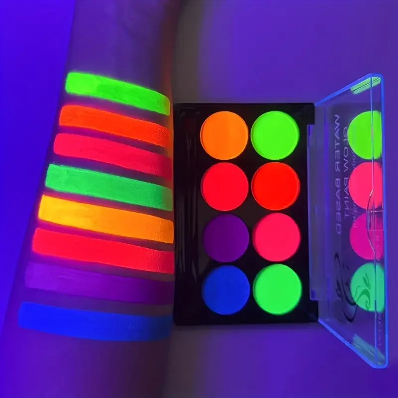 8 Color Water Face Paint Kit Fluorescent Neon Body Paint Glow Dark Fast Dry Body Skin Cosplay Makeup With Stencil And Brush Quake