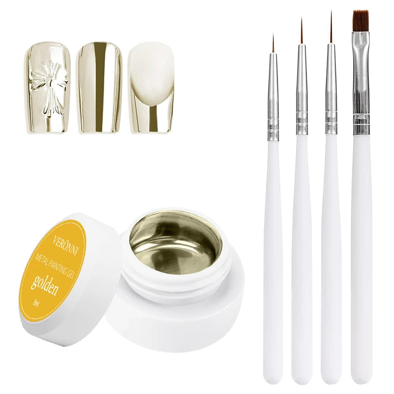 5ml Metallic Painting Gel Polish Strong Gold Silver Rose Gold Nail Art Soak Off Gel Nail Polish Silver Mirror Gel Nail Varnish Quake Gold with brush