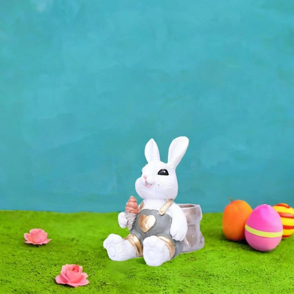 Easter Bunny Figurine Decorative Cute Easter Decoration Tabletop Ornament Animal Sculpture for Desk Home Bedroom Entrance Office Quake White