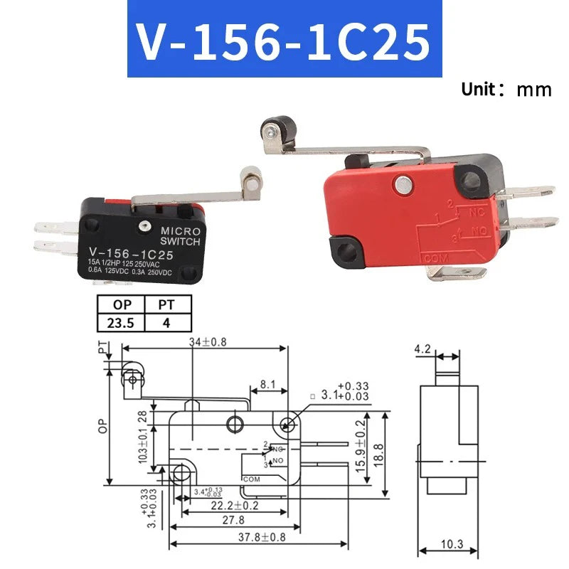 Small Travel Limit Switch V-152/156-1C25 Self-resetting 3-pin Miniature Push Button Tactile Microswitch Quake V-156-1C25 1PCS