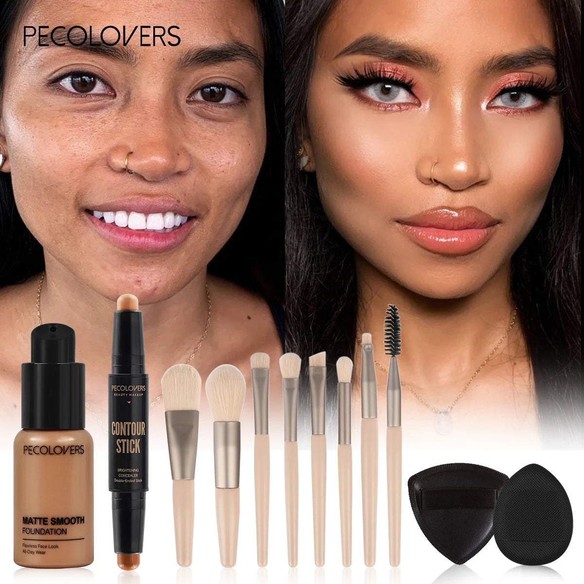 12 Pcs/set Latte Makeup Full Face Base Bundle, Liquid Foundation Contour Stick, Blendable Buildable Coverage Makeup Kit Quake SET 01