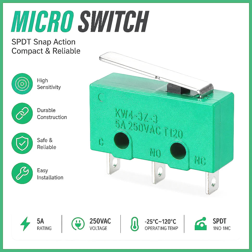 KW4-3Z-3 Micro Limit Switch SPDT NO NC 3 Terminals Momentary Short Straight Lever Green Switches 4Pcs Quake 1PCS