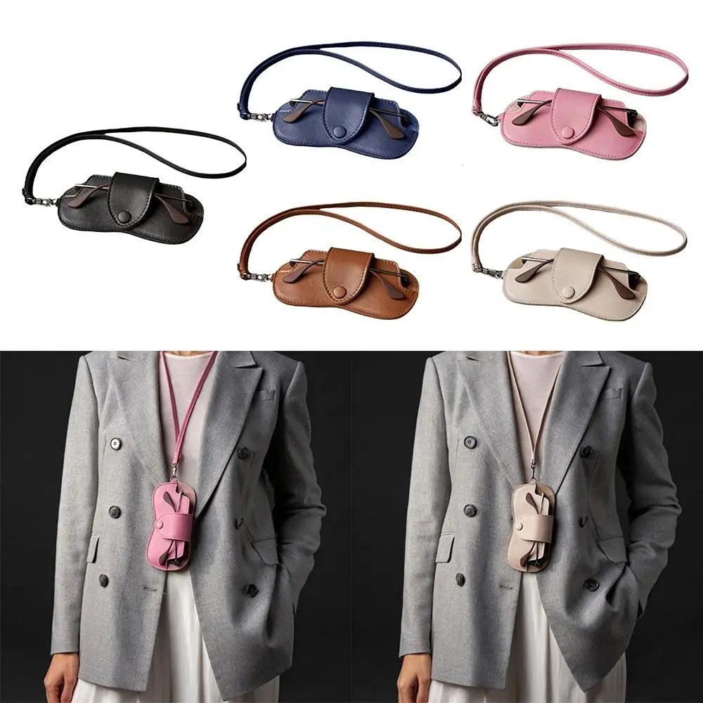 PU Leather Sunglasses Storage Bag with Lanyard Durable Sunglasses Pouch Solid Color Portable SunGlasses Holder Quake