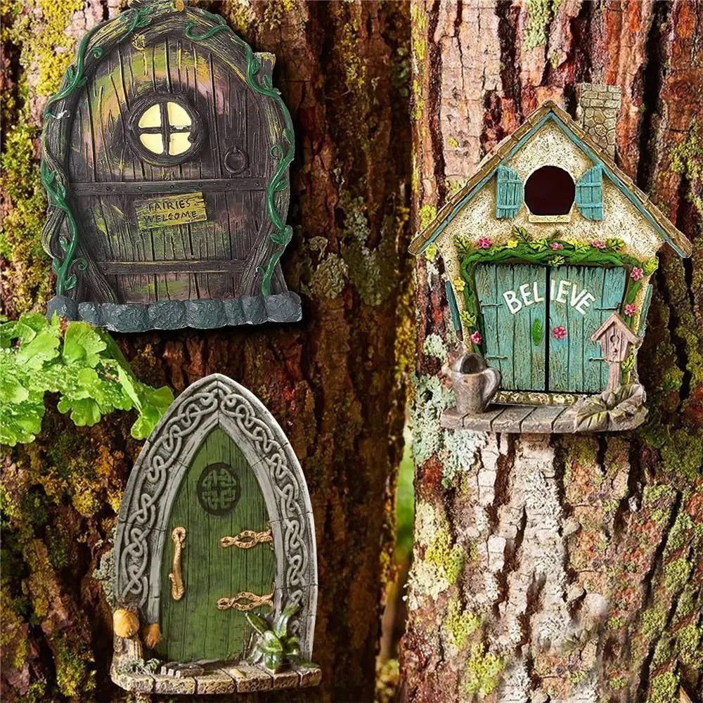 Miniature Fairy Door Figurines Statues for Outdoor Yard Art Garden Tree Decor Accessories With Engraved Design Fairy Garden Door Quake