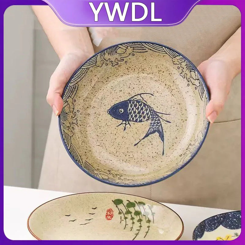 YWDL 8inch Japanese Dessert Salad Dinner Plate Ceramics Pasta Cake Serving Dish Dipping Sauce Dishes Hand-painted Tableware Quake