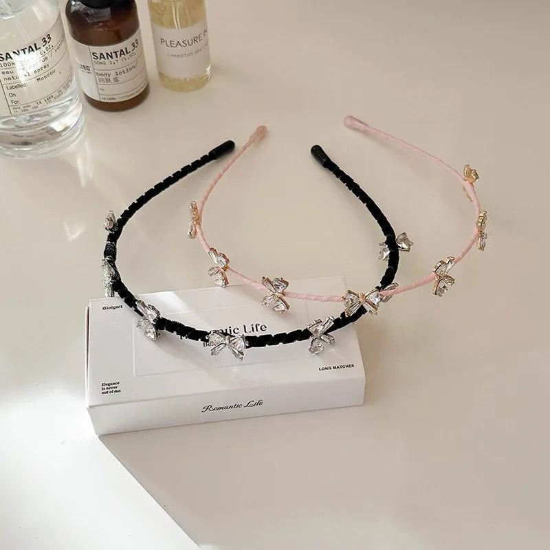 Slim Edged Rhinestone Bow Headband for Women Girls Korean Style Fashion Versatile Headband Hair Styling Accessories for Outings Quake