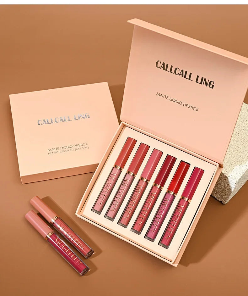MUGE LEEN Velvet Matte Liquid Lipstick Set Non-Stick Cup Lip Glaze 6-Pack European & American Makeup Style Quake