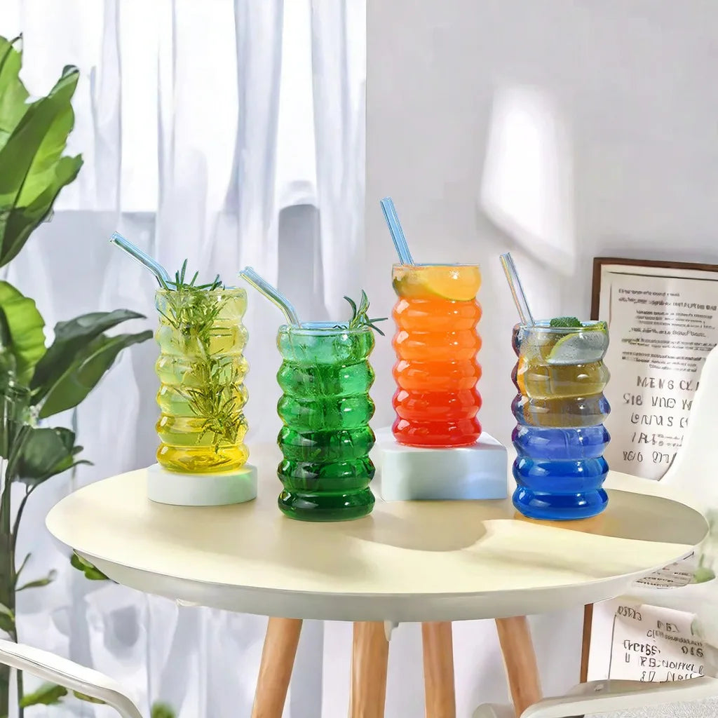 YWDL 350/480ml Heat-Resistant Wave Cup Set of 2 with Lid And Straw Beer Juice Ice Coffee Cocktail Fruit Glass Drinkware Quake