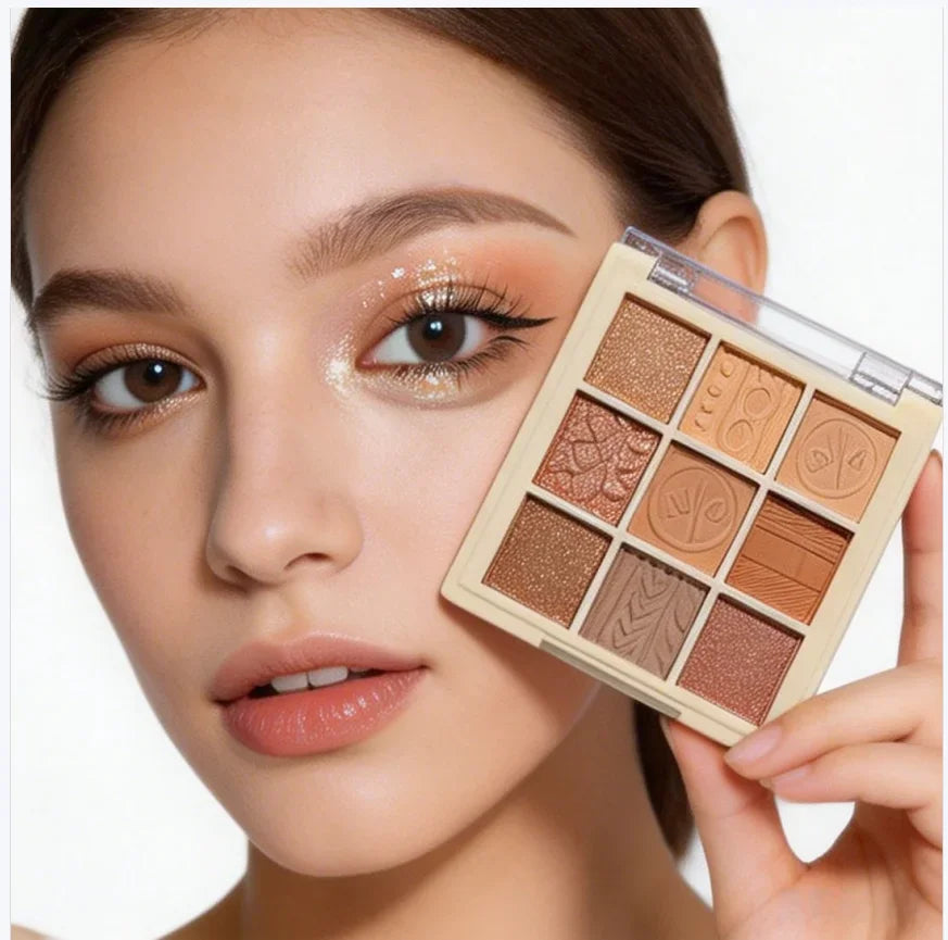 9-Grid Knitted Brown Eyeshadow Palette Matte & Shimmer 9 Colors Natural Waterproof for Graduation Prom Makeup Quake