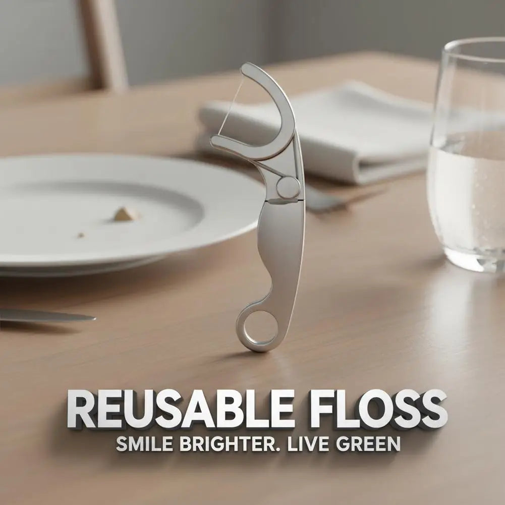 Stainless Steel Toothpick Dental Floss Reusable Flossing Holder Set Eco-friendly Teeth Cleaning Tools with 50 meters of floss Quake