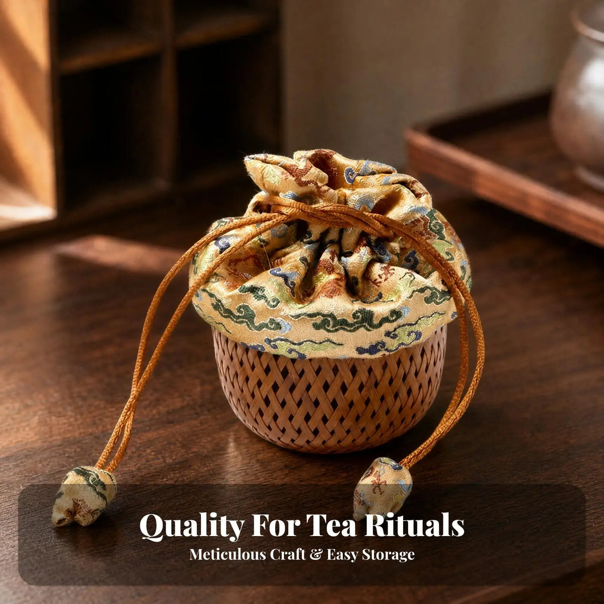 Portable Bamboo Tea Cup Pouch Handwoven Storage Bag Drawstring Cloth Design for Home Travel and Collectible Care Quake
