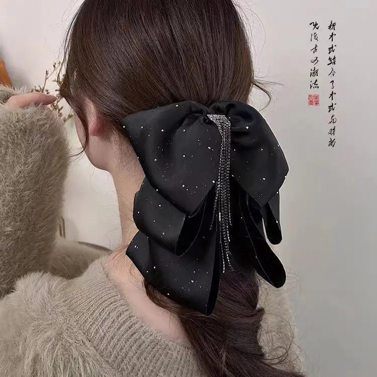 Bow Grab Clip Tassel Satin Premium Starry Sky Ponytail Hair Grab Back of Head Retro Rhinestone Hairpin Female Quake
