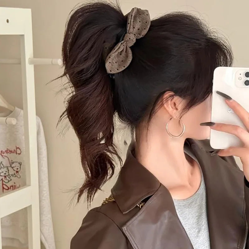Fashion Polka Dot Bow Banana Clip Korean Women Back Head Ponytail Hair Clip Elegant Temperament Twist Clip Half Tied Hairpin New Quake khaki
