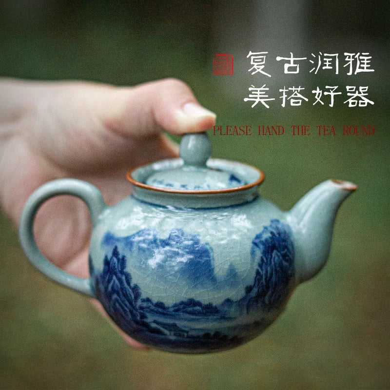 Qianli Jiangshan Handmade Tea Pot, Household Ceramic Tea Set, Old Ceramic Clay Tea Pot, Single Pot, Chinese Open Plate Tea Pot Quake