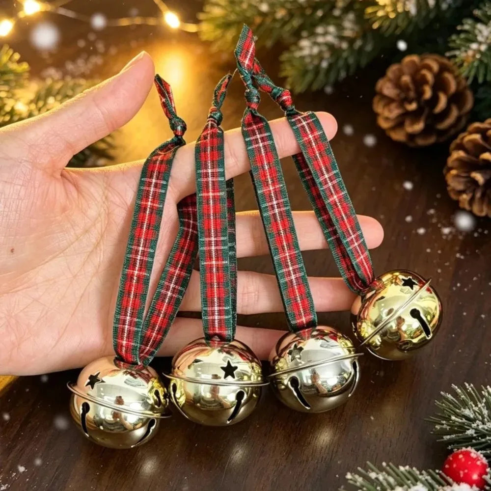 Christmas Tree Bell Pendant Red Green Checkered Ribbon Bell Christmas Wreath Hanging Ornament DIY Festival Party Home Decoration Quake