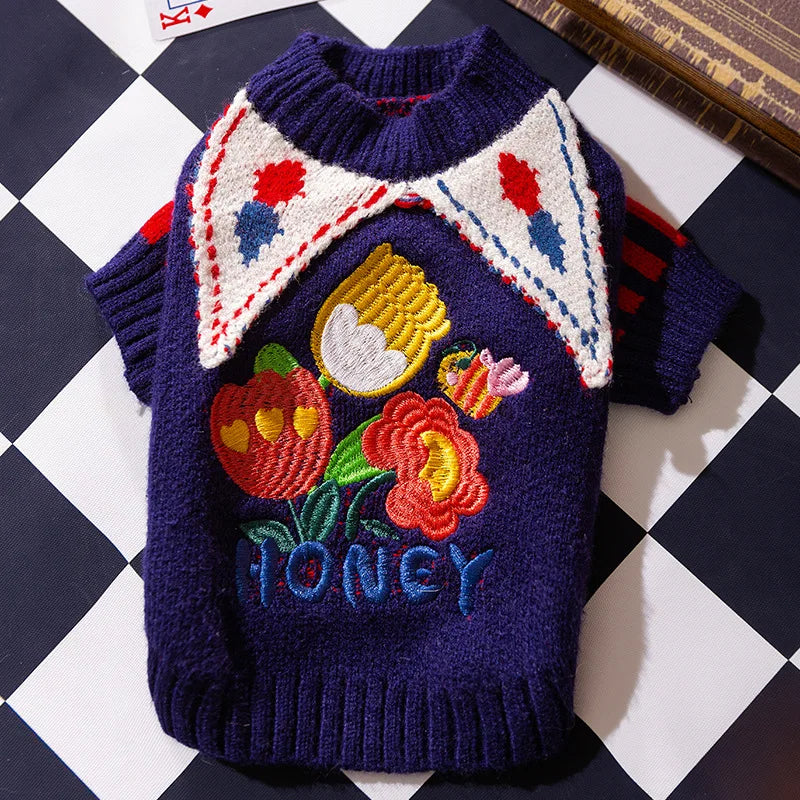 Cute Pet Dog Sweater Winter Dog Warm Clothes Puppy Coat Chihuahua Bichon Yorkie Clothing Sweaters and Hat Set Dog Costume Quake blue S