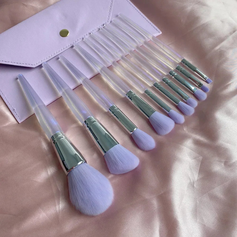 10pcs Crystal Handle Purple Makeup Brush with Makeup Bag Eye Shadow Loose Powder Foundation Sculpting Highlighter Eyebrow Brush Quake