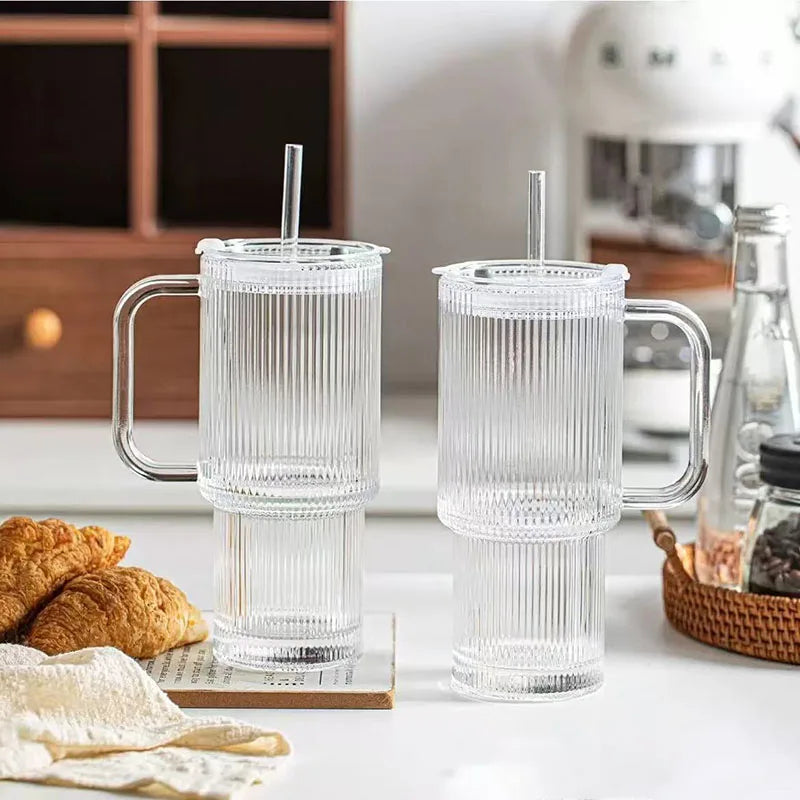YWDL 760ML Ribbed Glass Tumbler with Handle And Lid Large Iced Coffee Cup with Straws for Cold And Hot Beverages 1/2 Set Quake