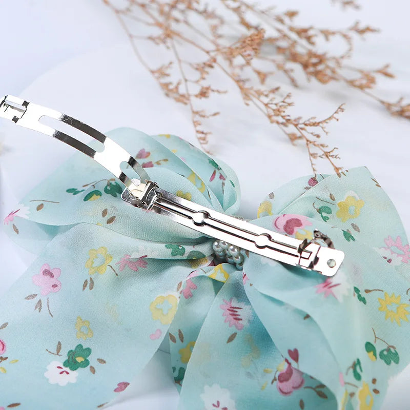 Floral Printed Hair Clip Korea Fashion Big Bow Ribbon Hair Tie Small Fresh Floral Hairpin Bowknot Hair Duckbill Clip Accessories Quake