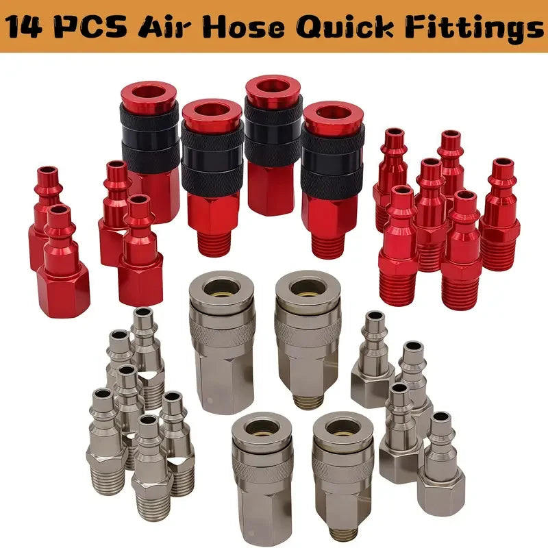 14pcs S-314/Steel MKIT Color Fit Coupler & Plug Kit - (M-Style, Red) - 1/4" NPT, (14pcs) Quake
