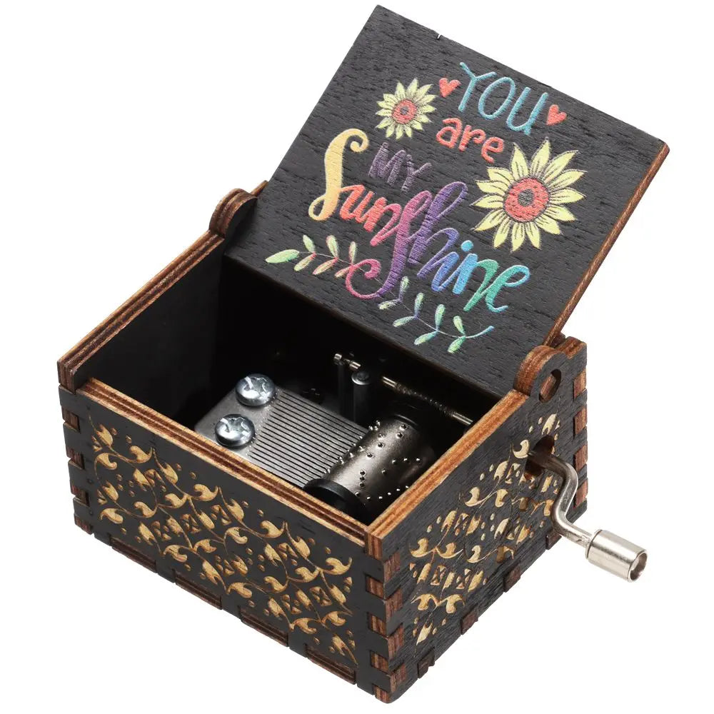 Valentine's Day Birthday Christmas Wooden Black Engraved You are My Sunshine Music Box Hand-Cranked Musical Boxes Quake 2