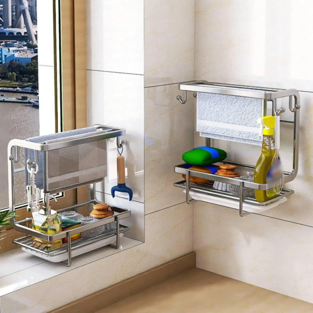 Kitchen Shelf Organizer with Hooks and Bottom Sponge Area Dishwashing Sink Drainer Rack for Kitchen Cleanup Storage Quake