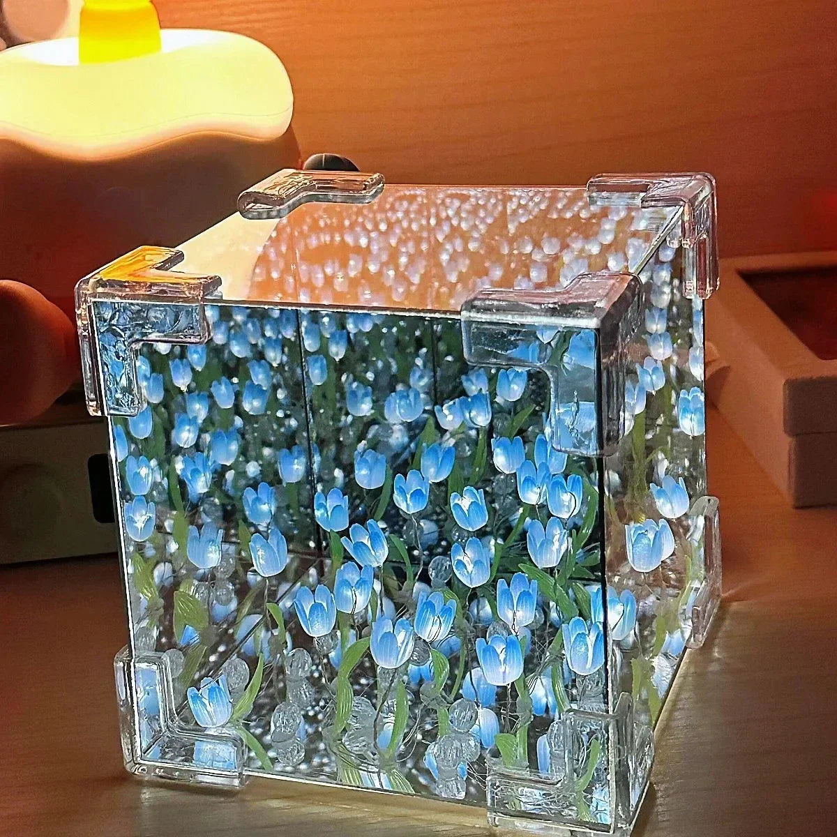 DIY Creative Tulip Flower Sea Cube 3D Small Night Lamp for Bedroom Handmade Craft Tulips for Girlfriend Couple Birthday Gift Quake