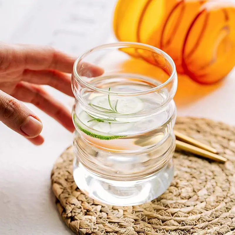 YWDL 4pcs Glass Cups Coffee Mug Clear Drinking Glasses Ribbed Glassware Cups With Straws Set Cocktail Fruit Glass Drinkware Quake
