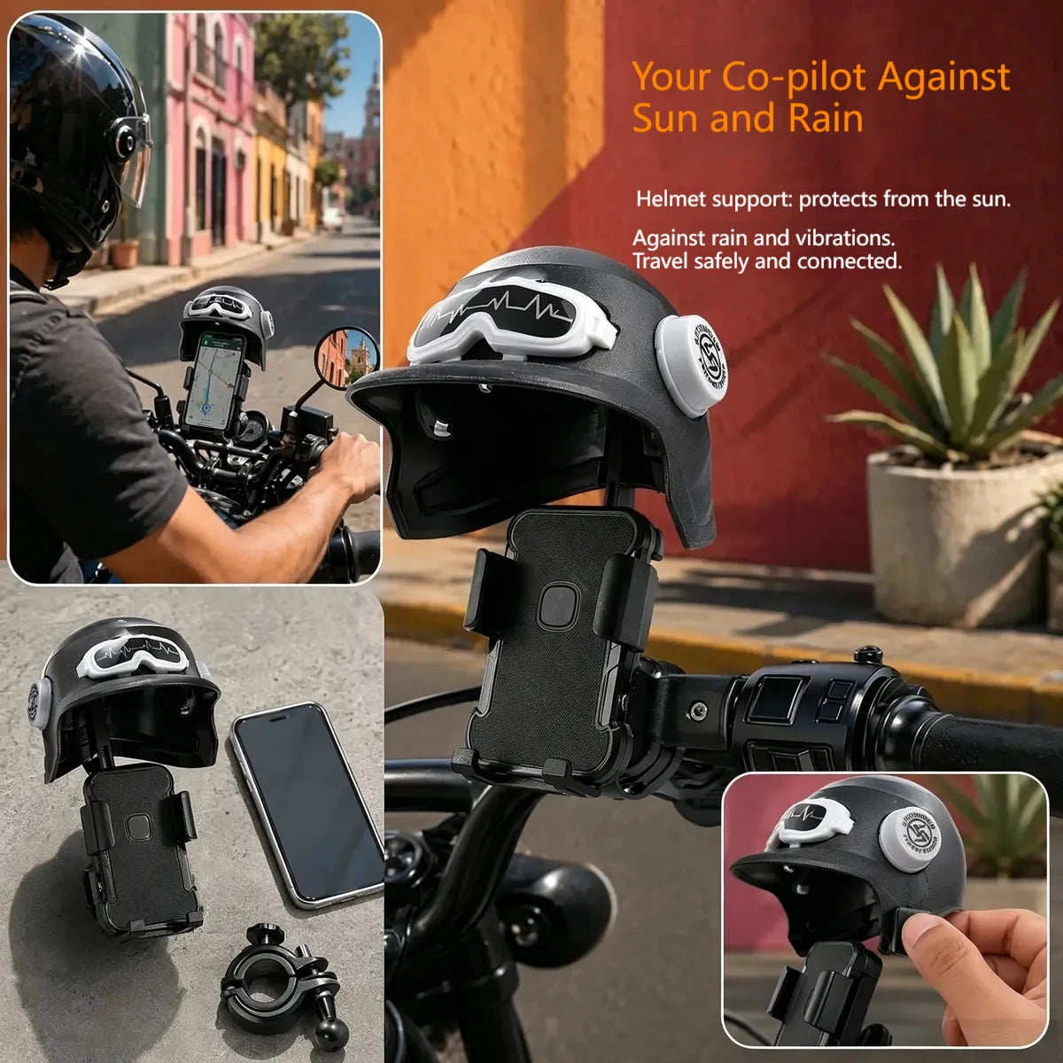 1Pc Motorcycle Phone Holder with Helmet-Shaped Sunshade, Waterproof GPS Navigation Mount for Electric Bike Scooter Handlebar Quake