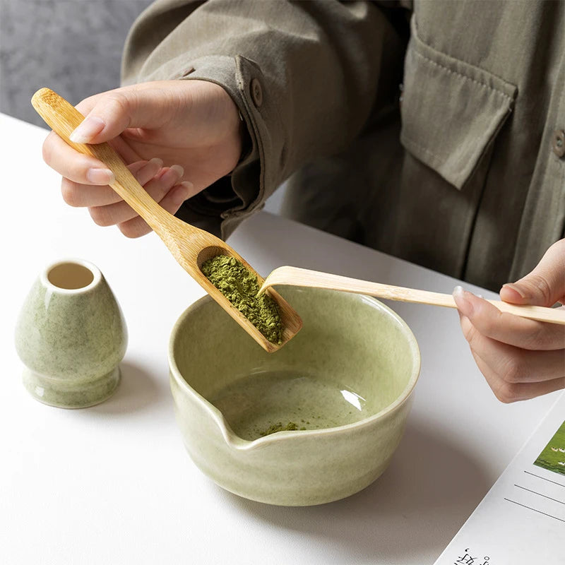 YWDL 6pcs Japanese Matcha Tea Set Ceramic Bowl with Spout 100 Prongs Bamboo Whisk Chasen Holder Sifter Sage Green Gift Box Quake