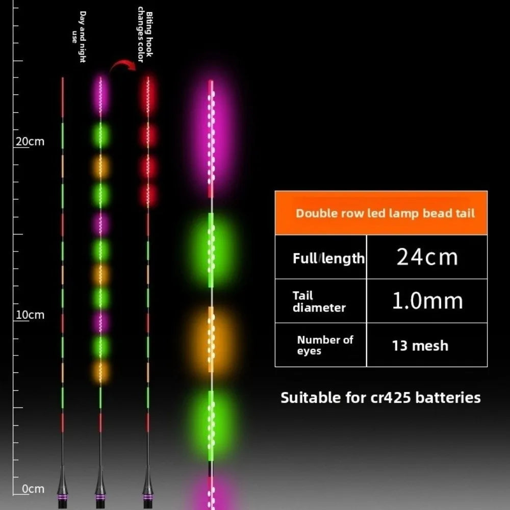 Super Bright LED Smart Float Top Luminous Ultra Sensitive Electronic Floats Smart Technology Electronic Design Fishing Buoy Quake Biting hook discolor 425 Double row-24cm