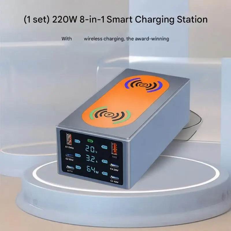220W Intelligent Charging Station with Double Wireless Chargers & Multiple USB Port Suitable for Phones Tablets K1KF Quake