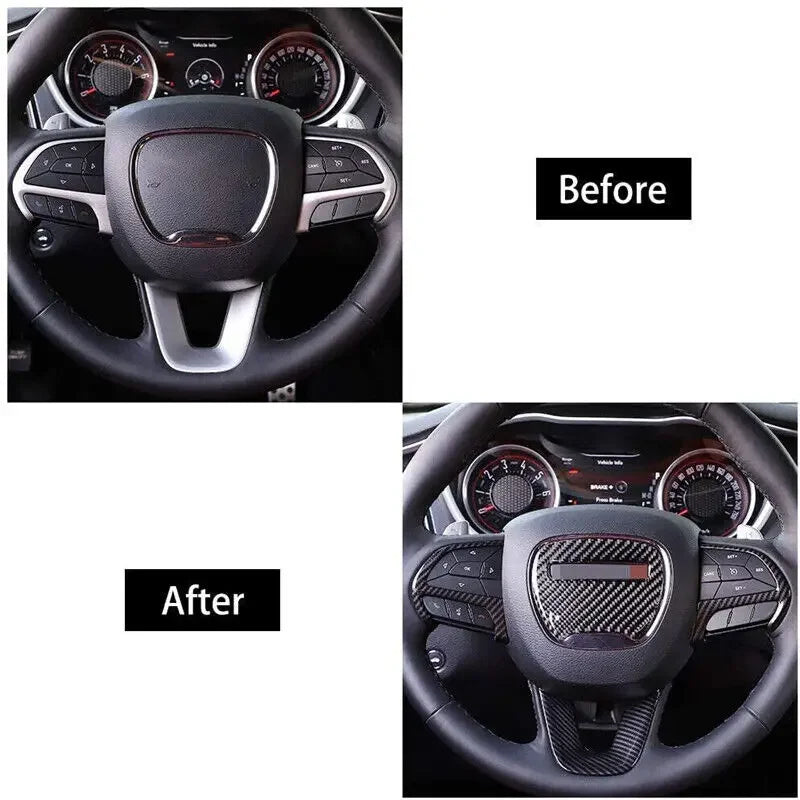For Dodge Challenger Charger 2015-2021 Carbon Fiber Style ABS Interior Steering Wheel Trim Cover Button Frame Sticker Decoration Quake