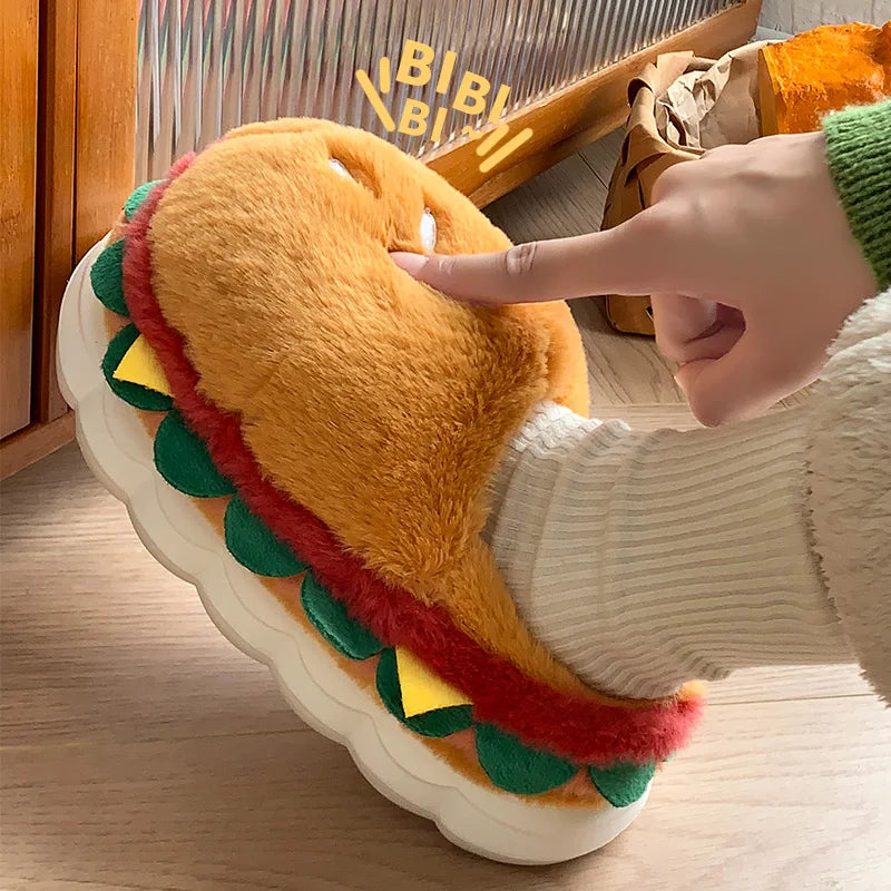 Hamburger Cotton Slippers for Women in Winter New Home Bag and Warm Plush Couple Cotton Shoes for Women Quake