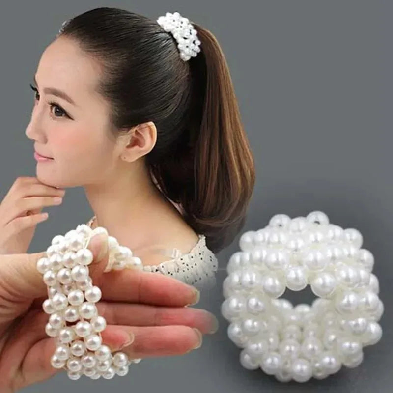 Korean Version of Fresh Ponytail Rubber Headband, Fashionable Handmade Imitation Pearl Beaded Hair Band Headrope Wholesale Quake