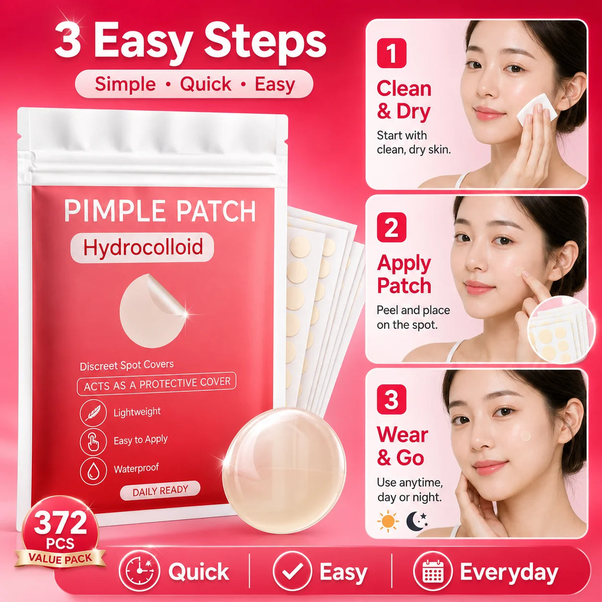 372pcs Hydrocolloid Acne Pimple Patch, Hydrocolloid Spot Stickers, Covering Zits and Defect, Nighttime Spot Stickers for Face Quake