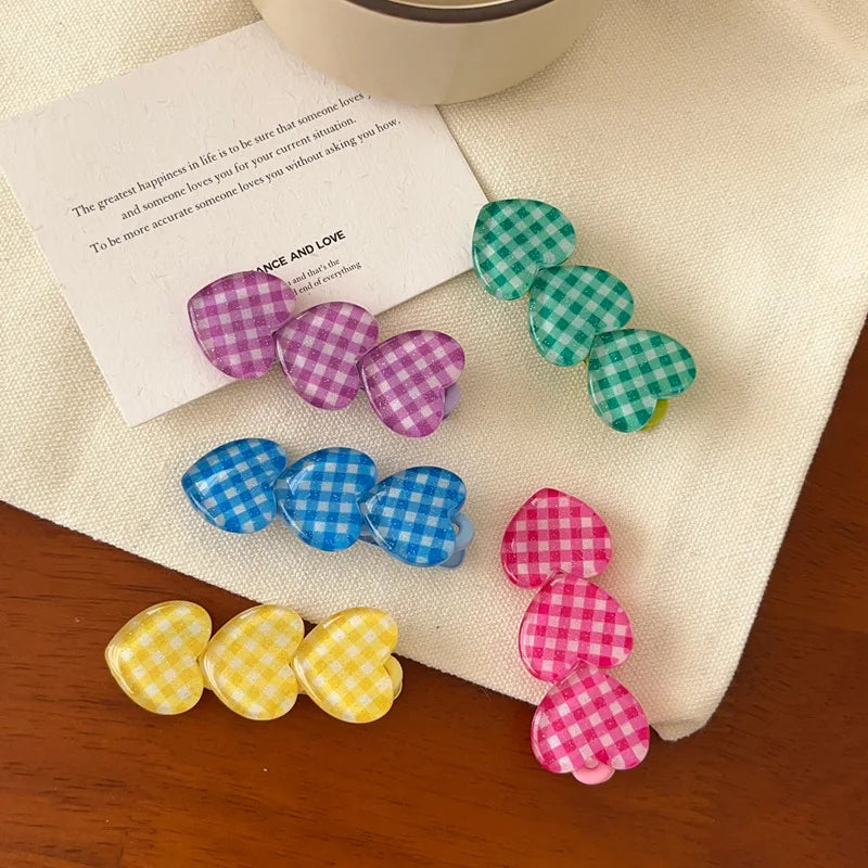 Solid Color Heart Plaid Hair Clip for Girls Sweet Hair Decorate Kawaii Hairpin Hairgrip Barrettes Kids Lovely Hair Accessories Quake