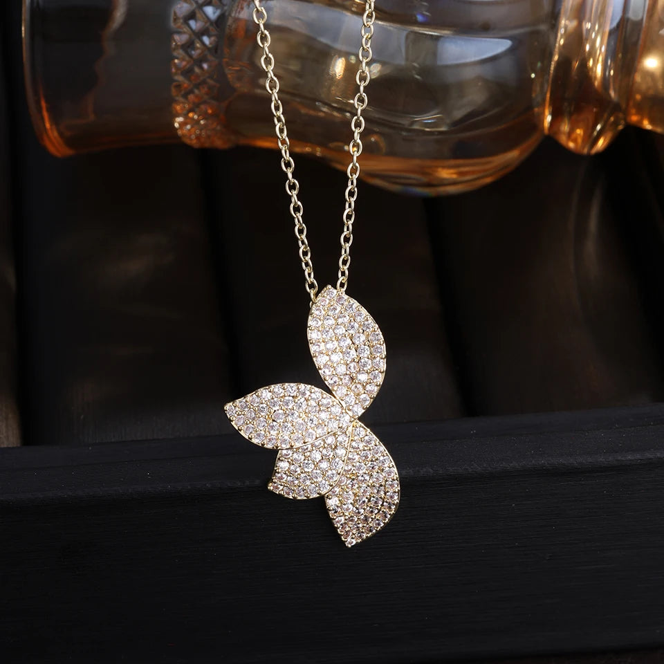 ZAKOL Luxury Full Shiny Micro Zircon Leaf Earrings&Necklace Set AAA CZ Symmetric Wedding Party Jewelry for Women Quake Gold Color Neck
