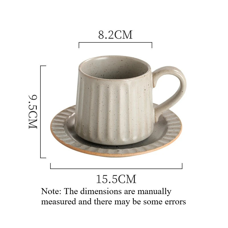 Japanese Retro Coarse Ceramic Cup Saucer Set Vintage Vertical Striped Mug Home Afternoon Tea Coffee Cup for Household Use Quake B 200-400ml