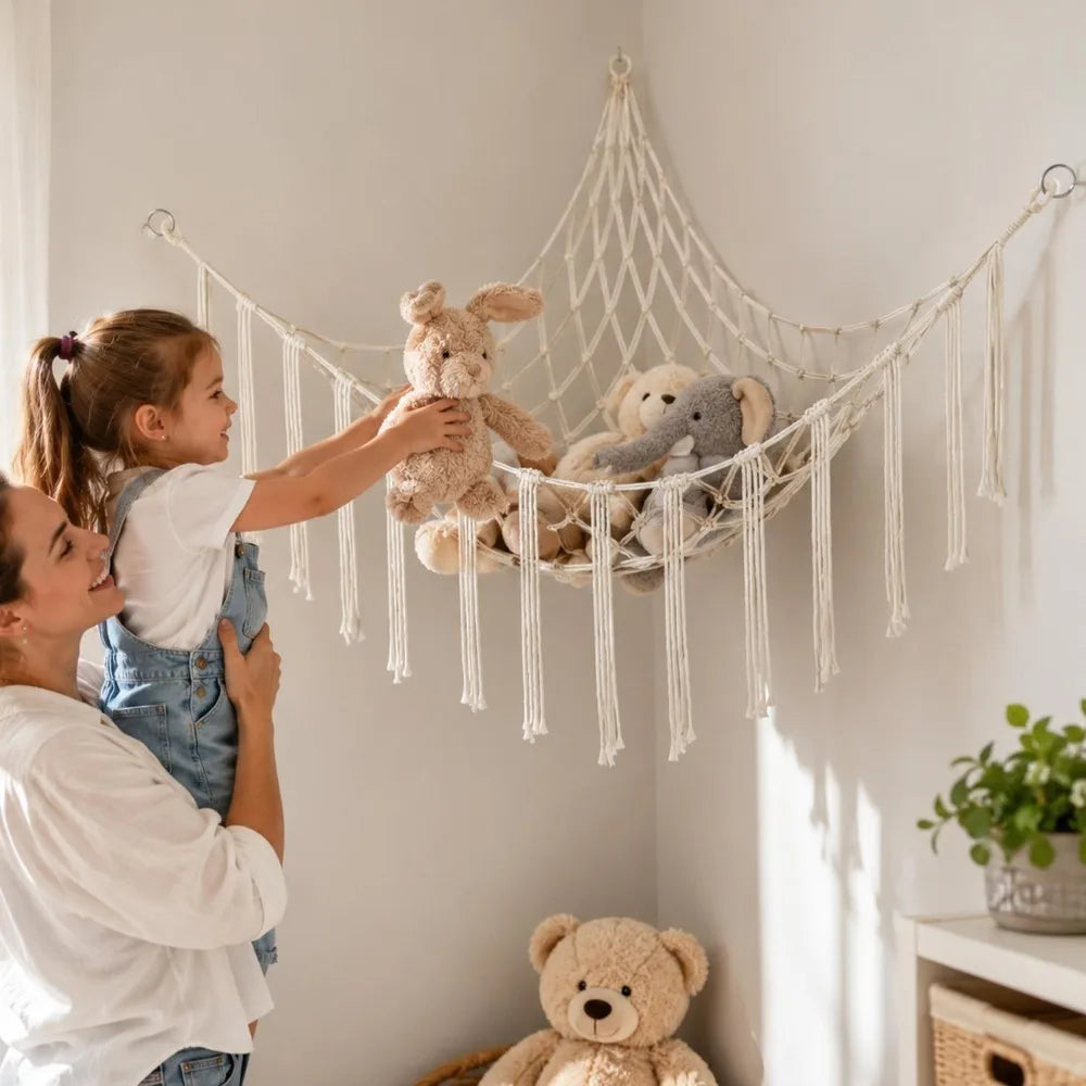 Toy Storage Mesh Hammock with Screws and Hooks Wall Corner Hanging Storage Net Large Size Triangular Woven Cotton Rope Mesh Bag Quake