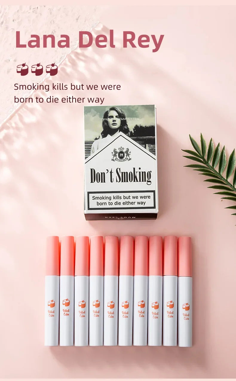 Matte Non-Stick Cup Lip Gloss 10 Sticks Cigarette Tube Lip Glaze Set Liquid Lipstick Velvet European and American Makeup Quake