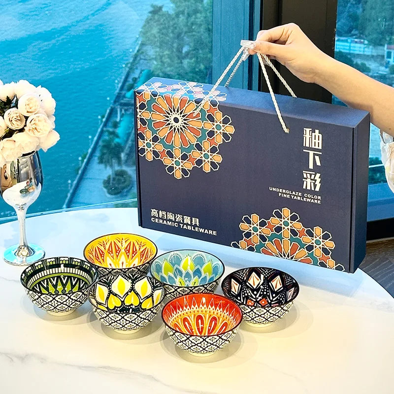 6-Piece Handmade Bohemian Ceramic Bowls Set 4.72 Inch Microwave And Dishwasher Safe for Cereal Ice Cream Pasta Optional Gift Box Quake 6Bowls GiftBox Ver