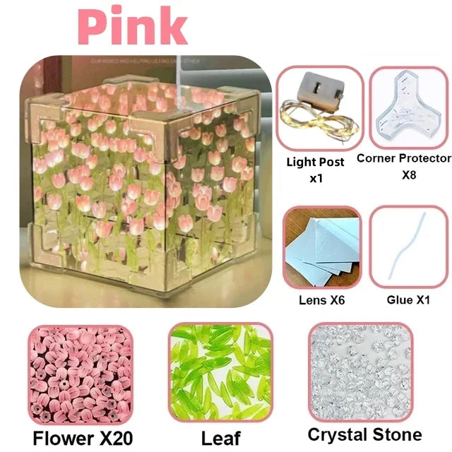 DIY Creative Tulip Flower Sea Cube 3D Small Night Lamp for Bedroom Handmade Craft Tulips for Girlfriend Couple Birthday Gift Quake Pink flower cube