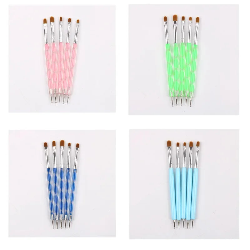5Pcs/Set Dual End Nail Art Dotting Pen Acrylic Drawing Liner Flower Brush Rhinestone Crystal UV Gel Painting Manicure Tools Quake