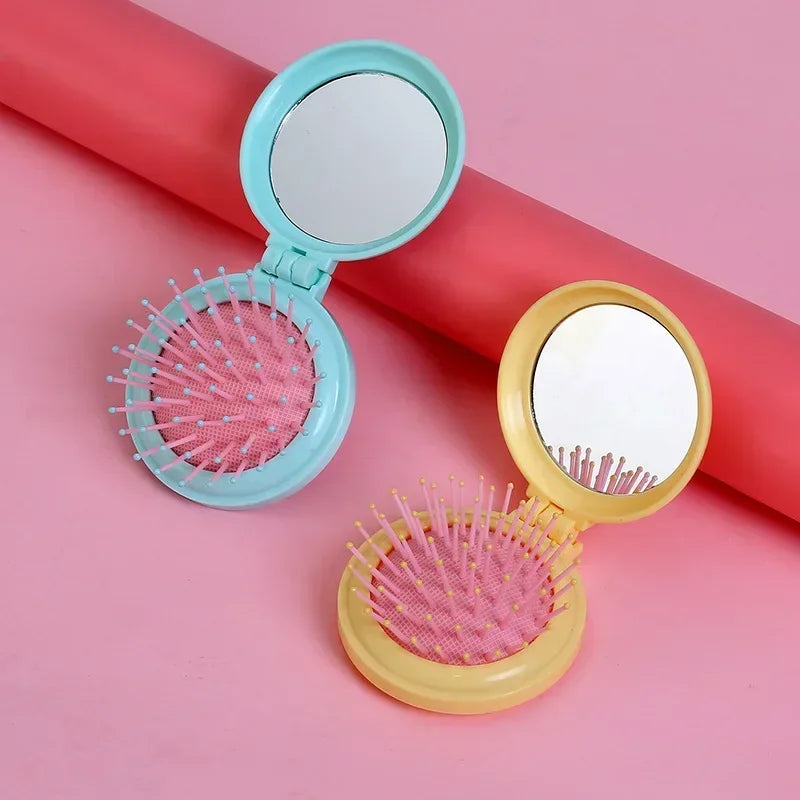 Portable Mini Round Hair Comb with Mirror Pocket Small Size Traveling Massage Folding Hair Comb Women Hair Brushes Styling Tools Quake