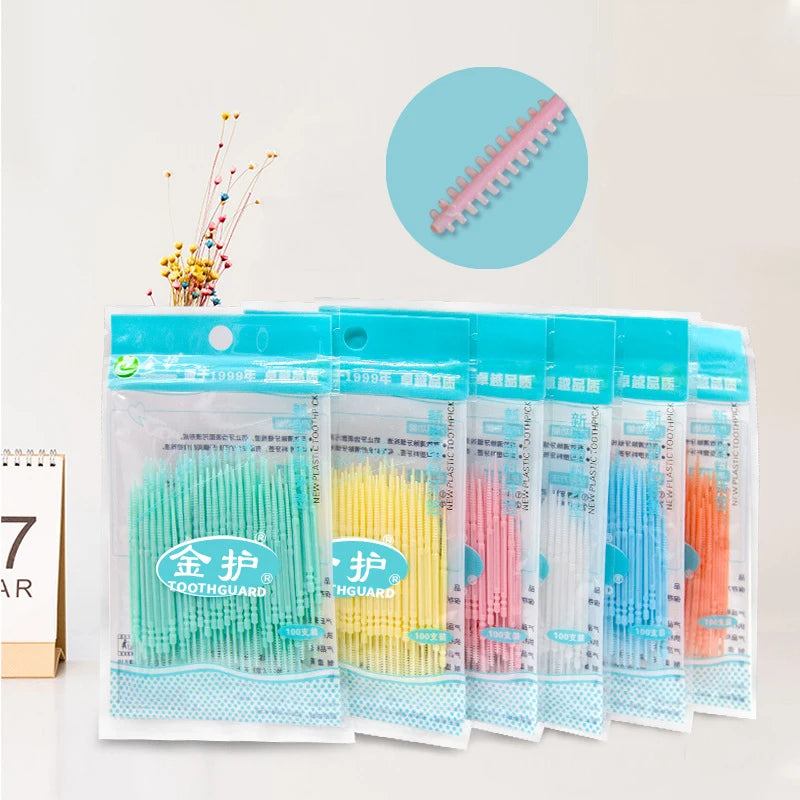 100pcs/box Double Head Plastic Toothpick Oral Care Disposable Household Hotel Dental Floss Interdental Teeth Stick Brush Random Quake